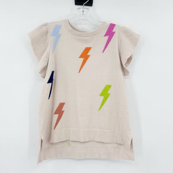 THML Lightning Bolt Flutter Sleeve Knit Sweater Top Beige Multicolor Womens XS - Picture 3 of 12